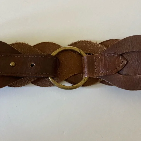 Wide Braid Brown Leather Belt Women\'s L/XL Brass O Ring Buckle Vintage Y2K Vintage Chocolate Brown Braided Leather Belt: Boho Style  main image 2